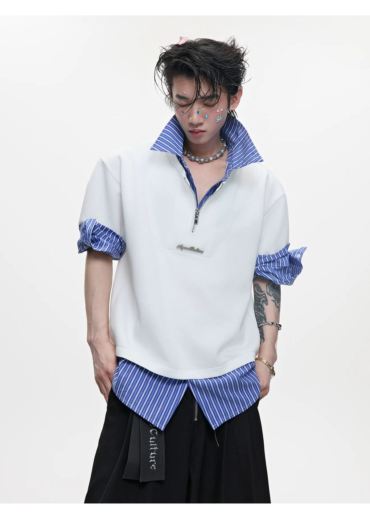 Striped Layered-Look Shirt with Metal Zip Detail Streetwear - detail image 5