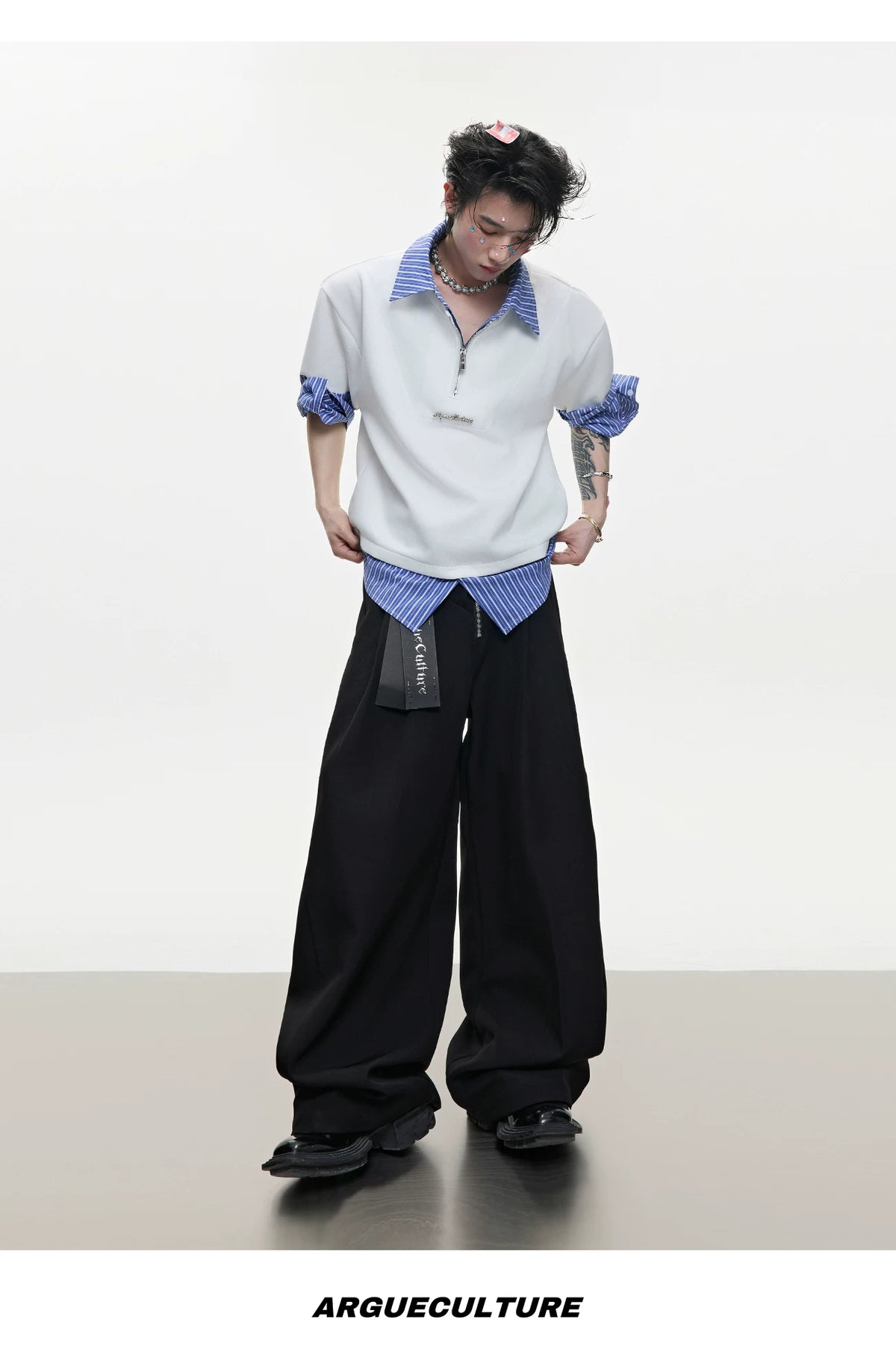 Striped Layered-Look Shirt with Metal Zip Detail Streetwear - detail image 12