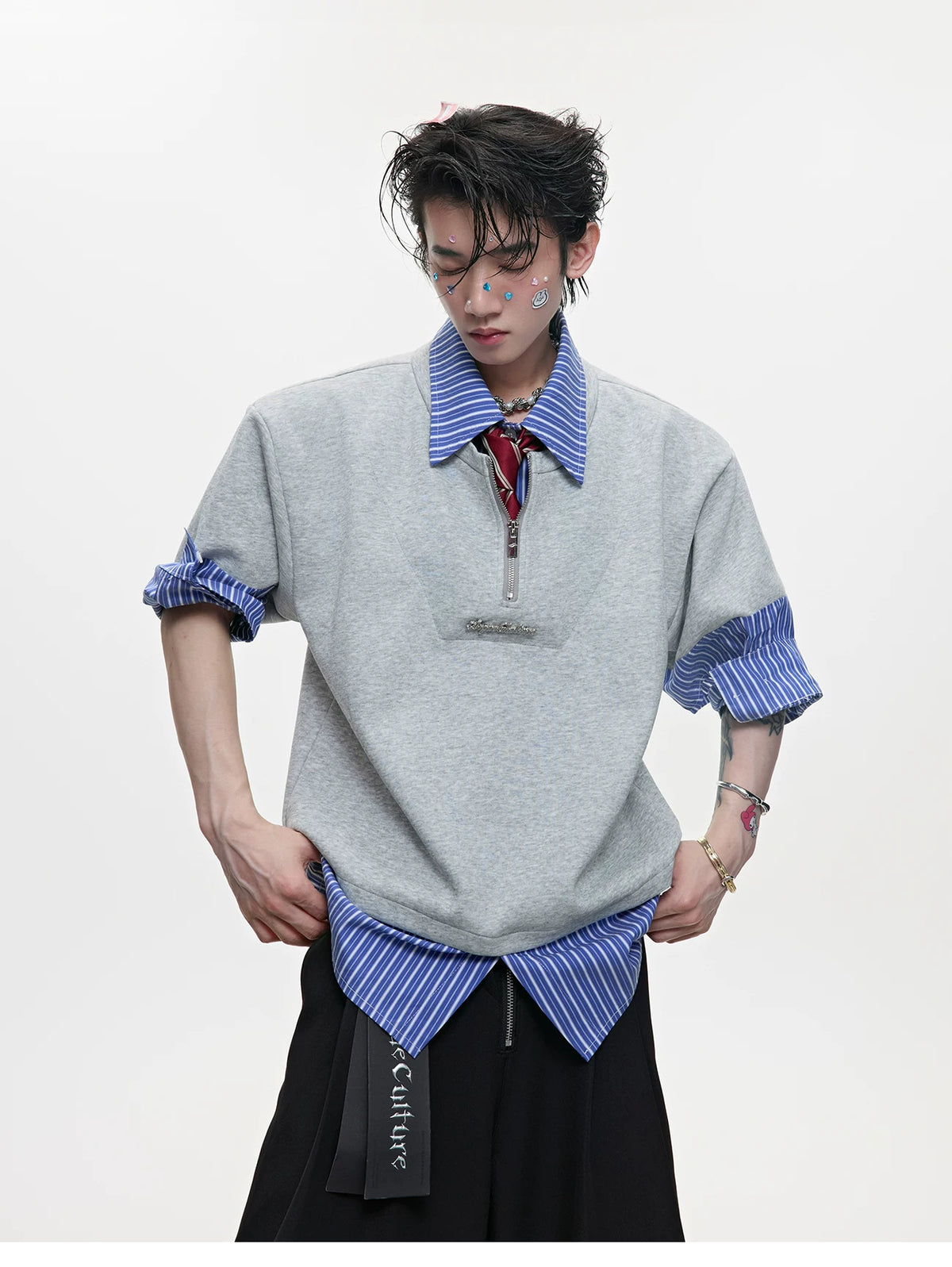 Striped Layered-Look Shirt with Metal Zip Detail Streetwear - detail image 3