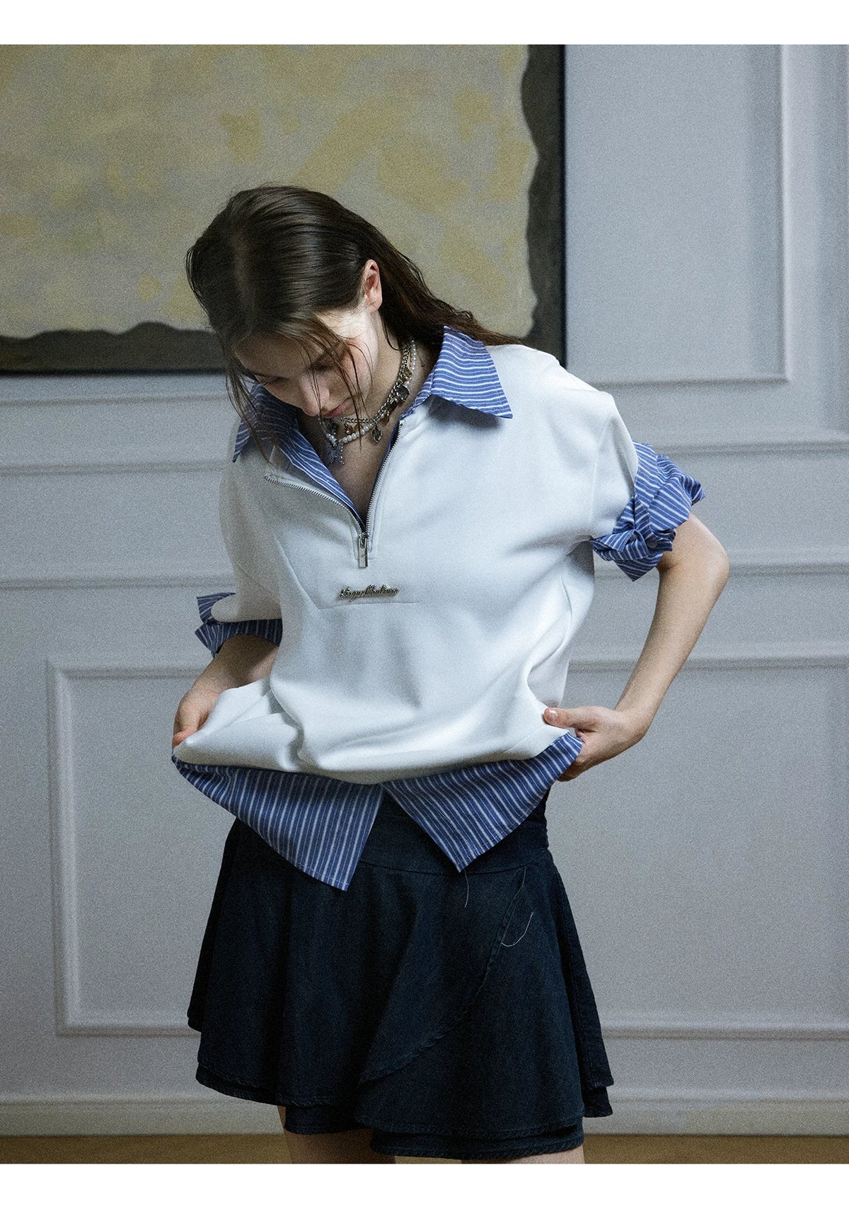 Striped Layered-Look Shirt with Metal Zip Detail Streetwear - detail image 7