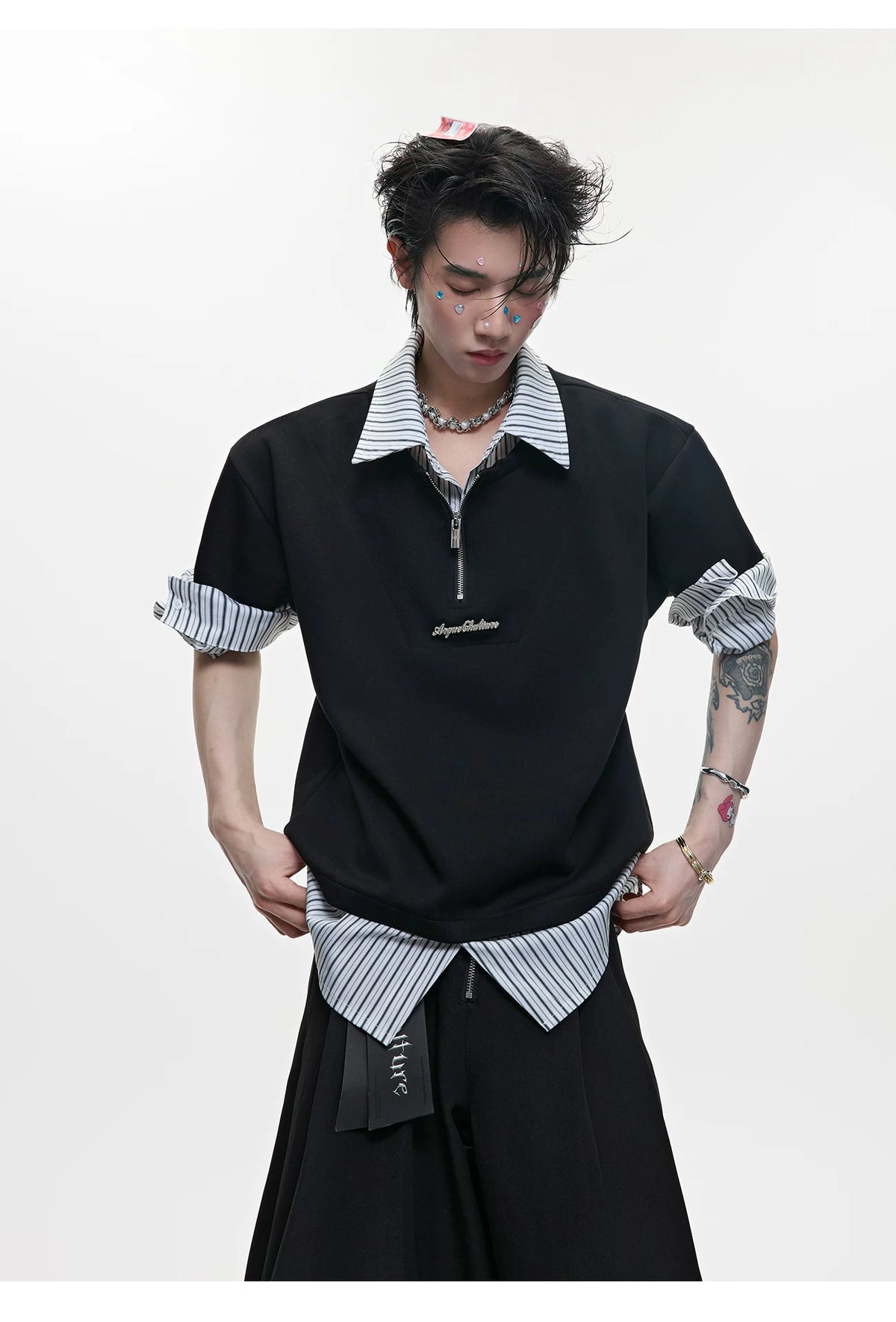 Striped Layered-Look Shirt with Metal Zip Detail Streetwear - detail image 6