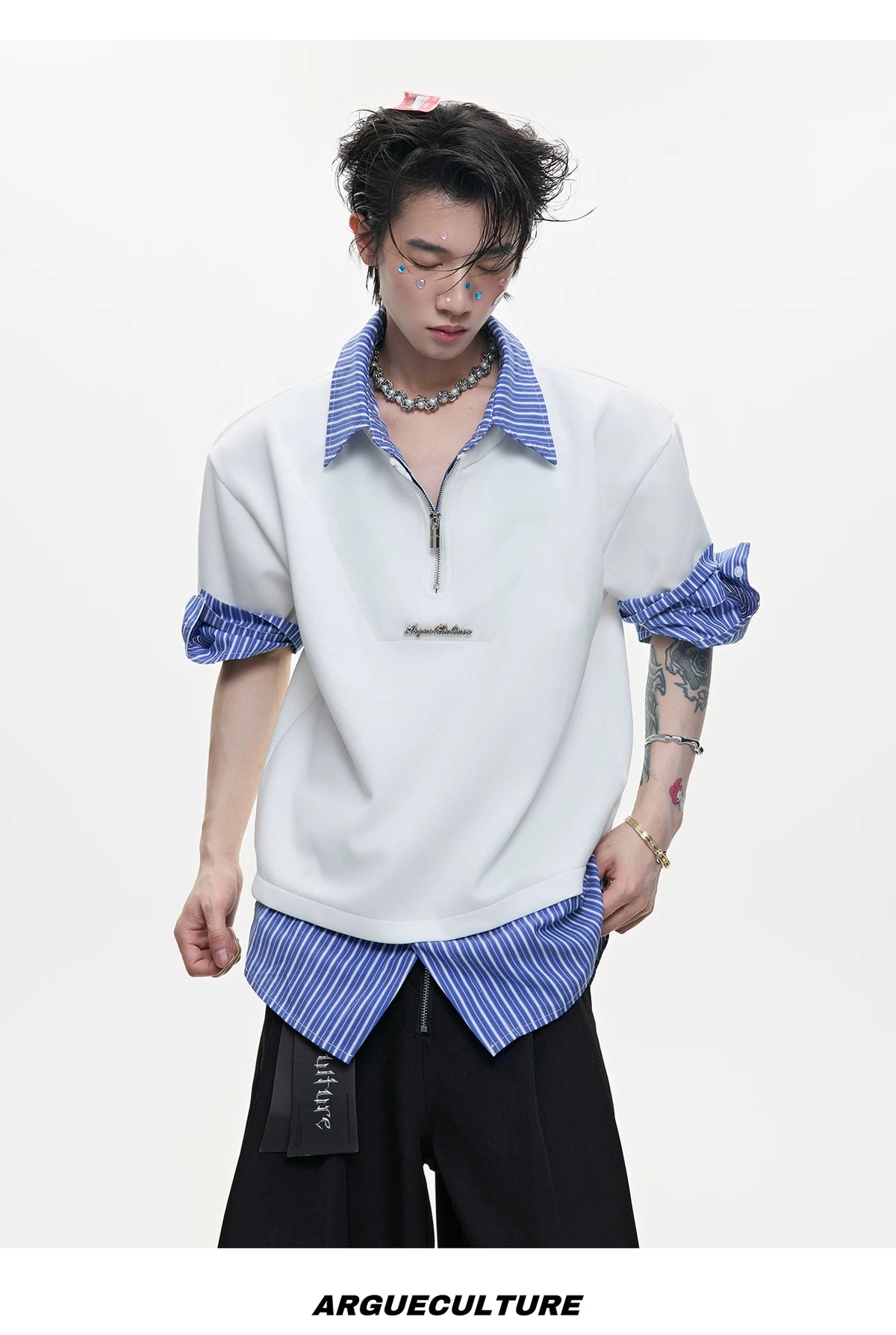 Striped Layered-Look Shirt with Metal Zip Detail Streetwear - detail image 11