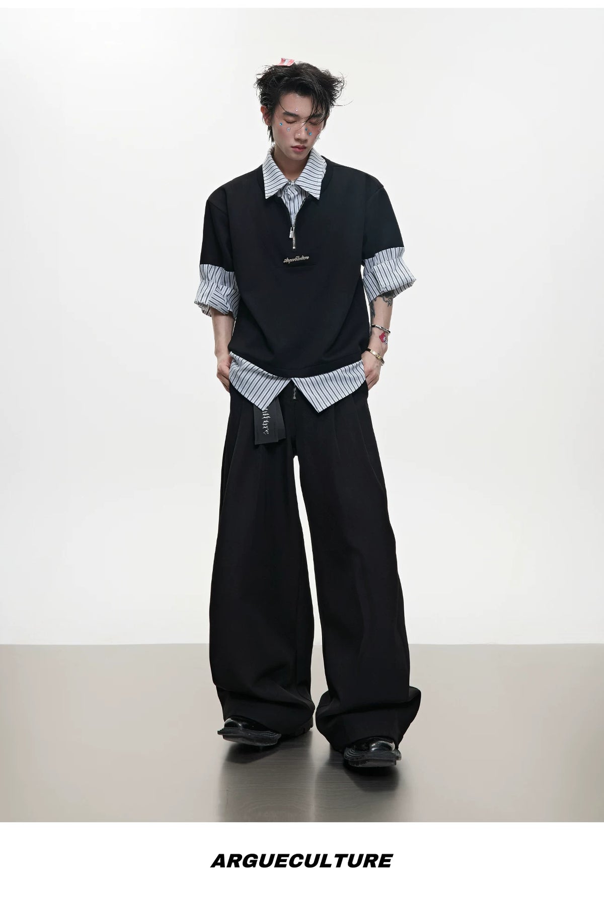 Striped Layered-Look Shirt with Metal Zip Detail Streetwear - detail image 16