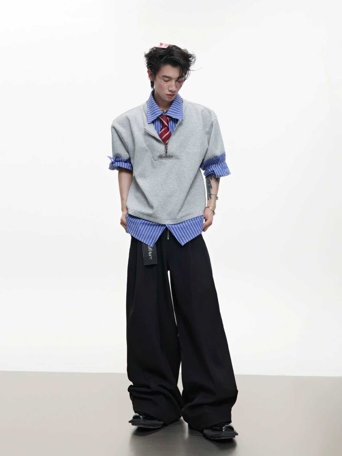 Striped Layered-Look Shirt with Metal Zip Detail Streetwear - main image 4