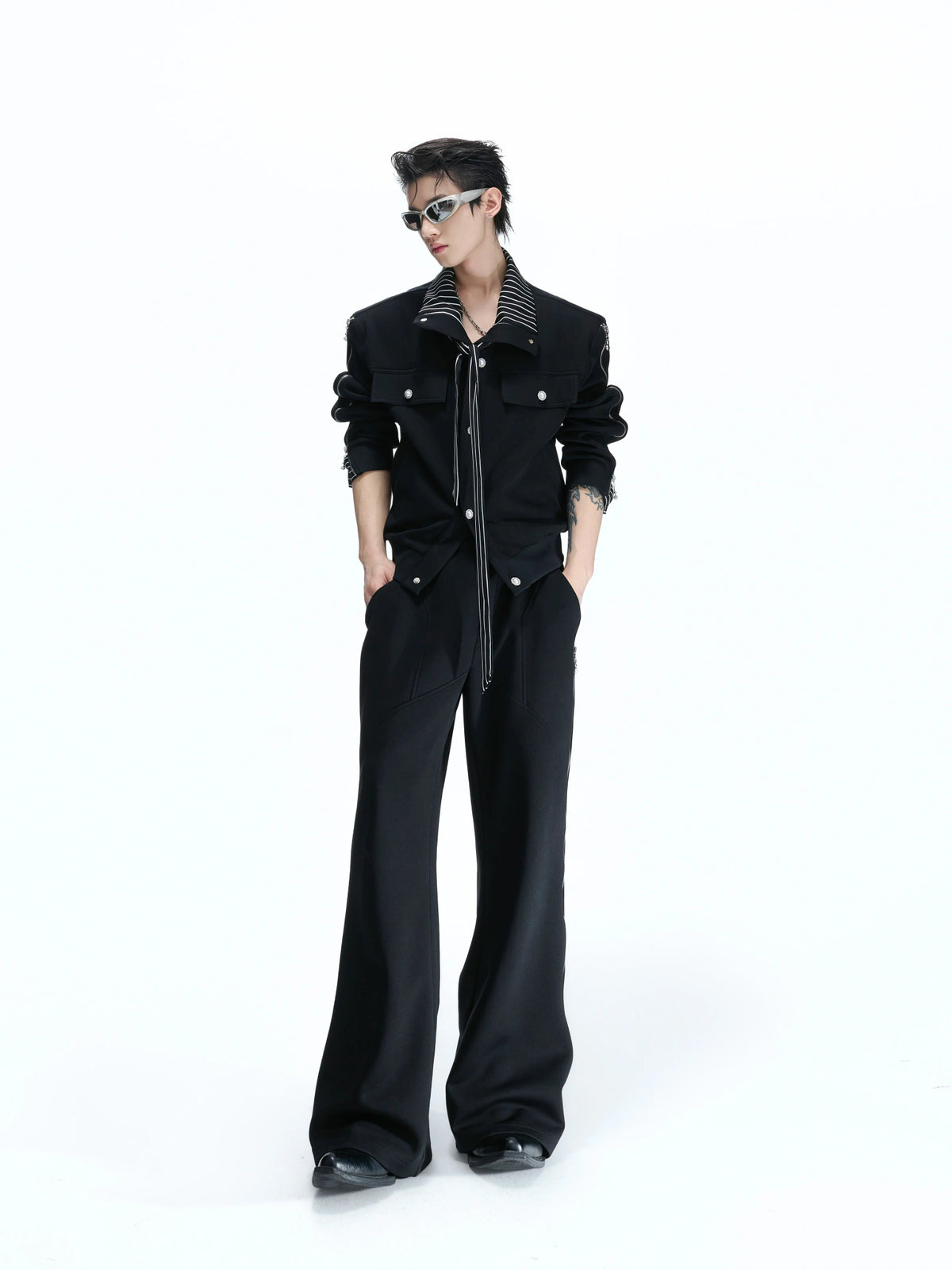 Striped Ribbon Zip Sweatshirt Top & Flared Pants - main image 2