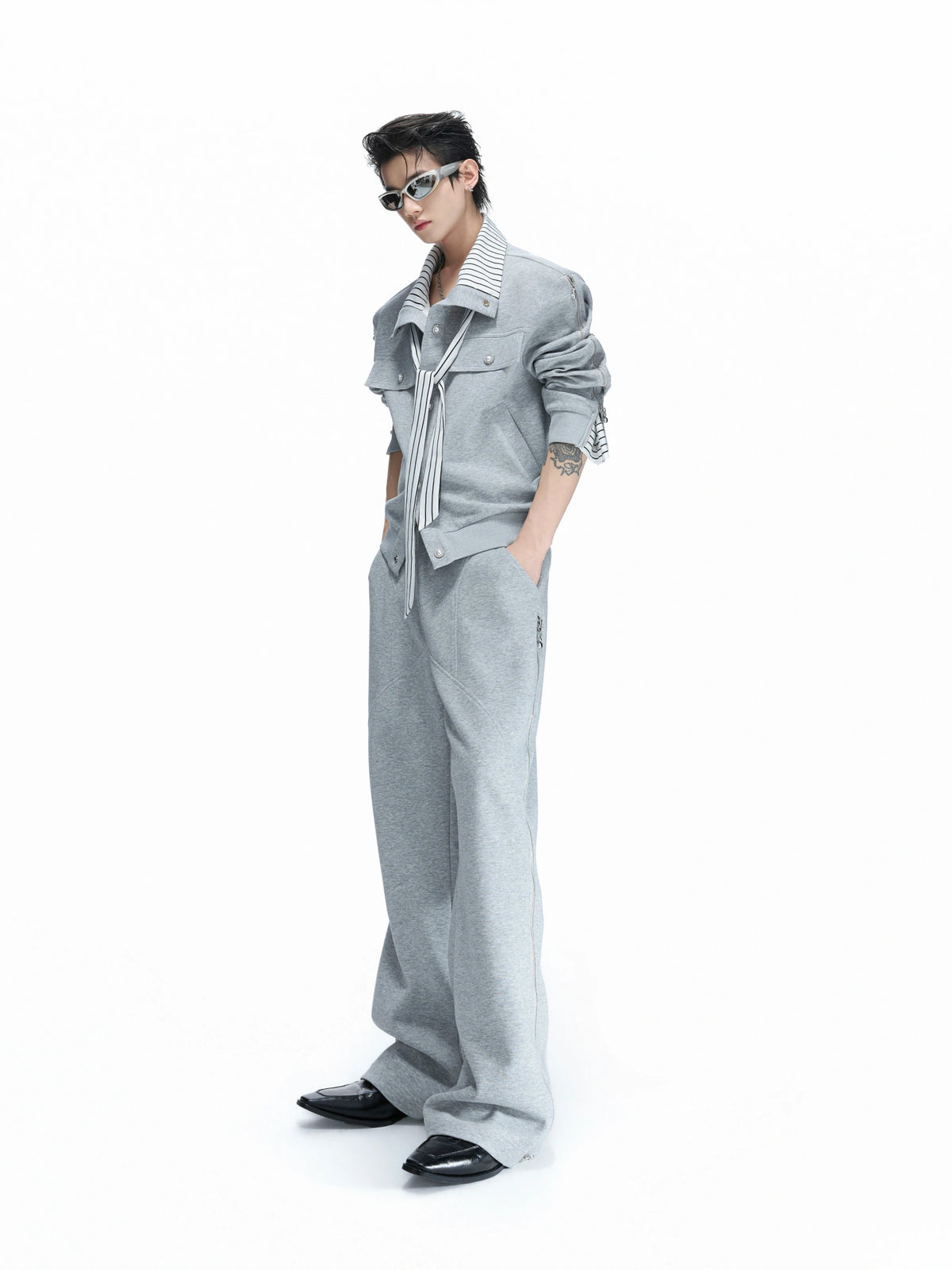 Striped Ribbon Zip Sweatshirt Top & Flared Pants - main image 1