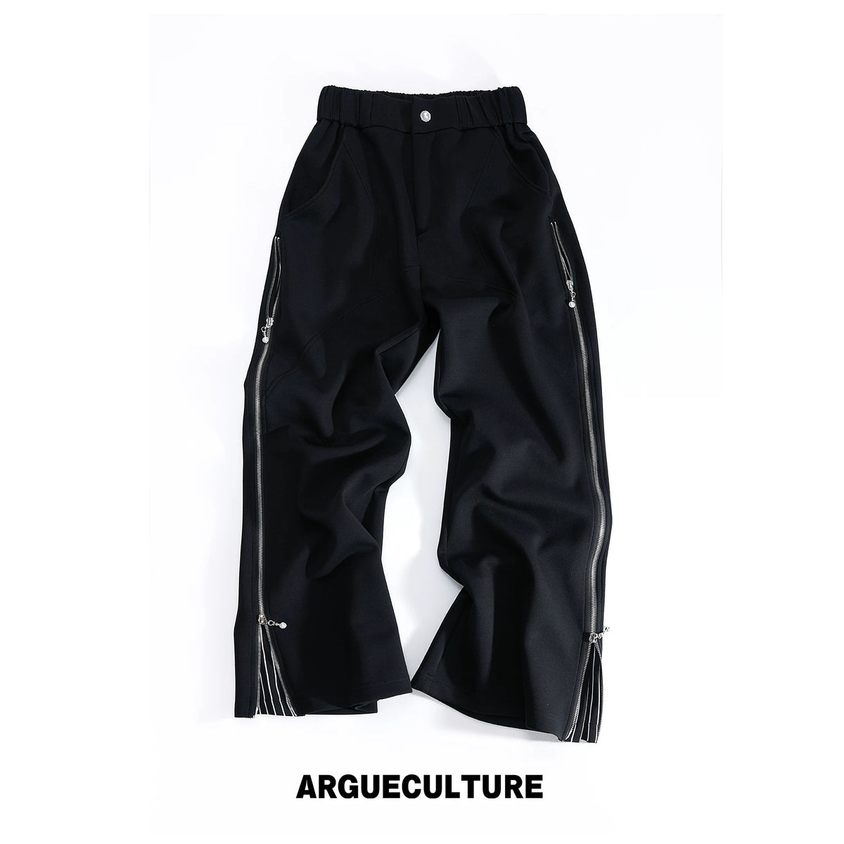 Striped Ribbon Zip Sweatshirt Top & Flared Pants - Black Pants
