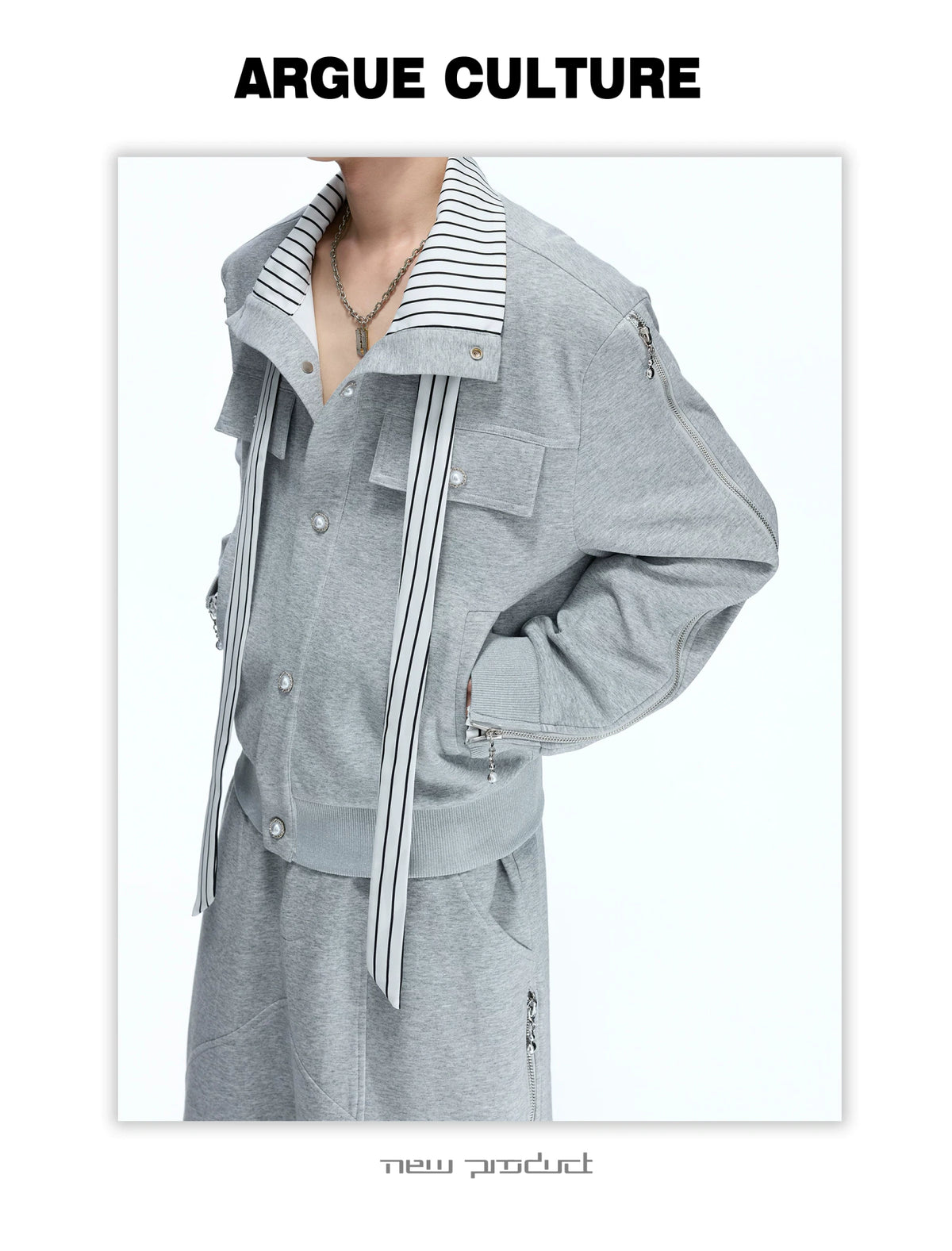 Striped Ribbon Zip Sweatshirt Top & Flared Pants - detail image 14