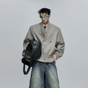 Street style styling of the blue striped boxy jacket