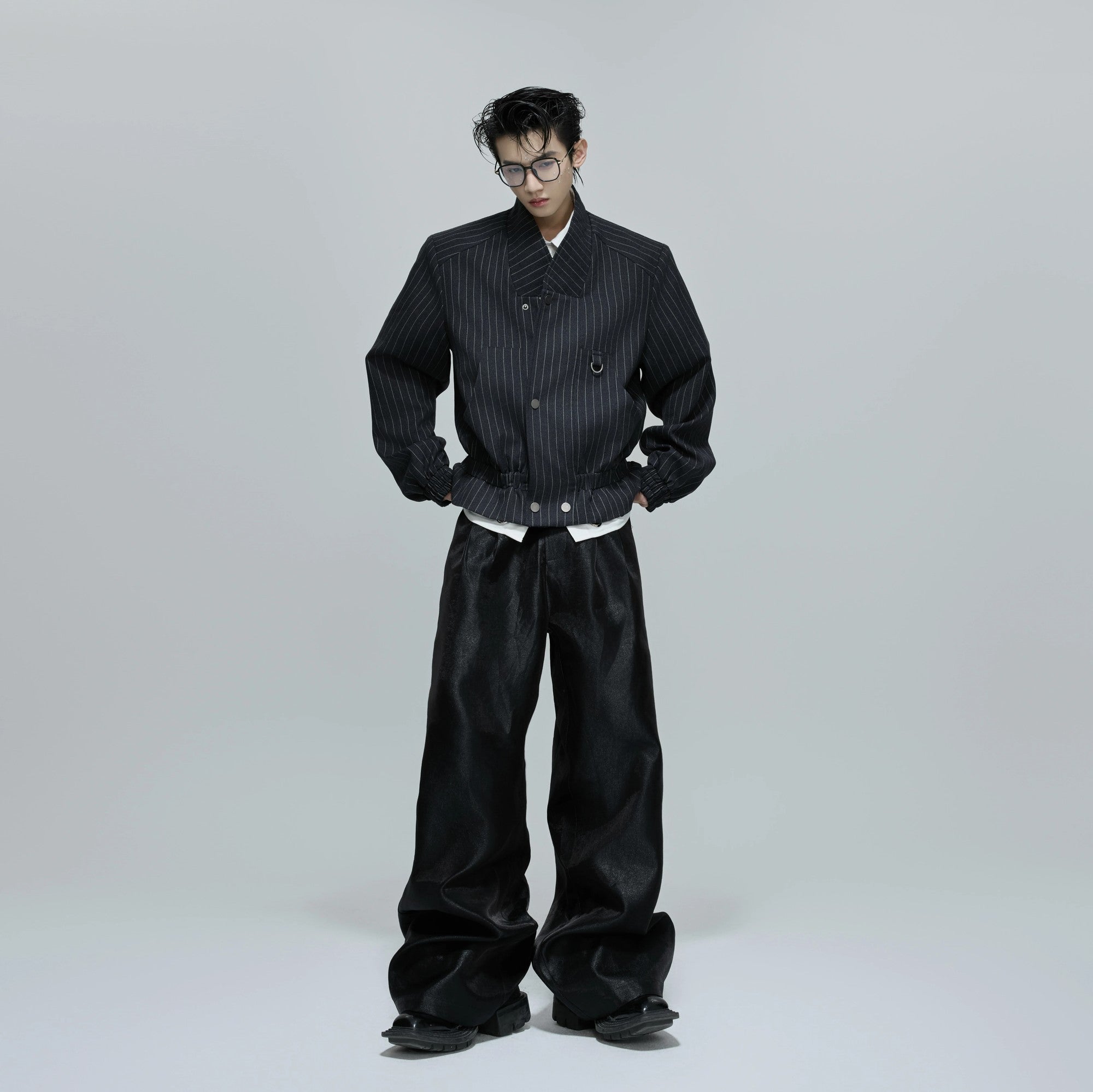 Close-up of the stand collar and striped fabric pattern