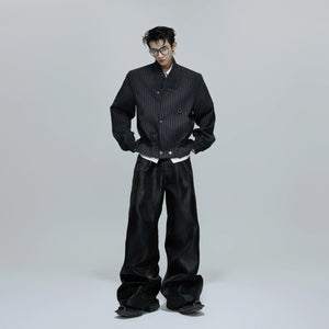 Close-up of the stand collar and striped fabric pattern