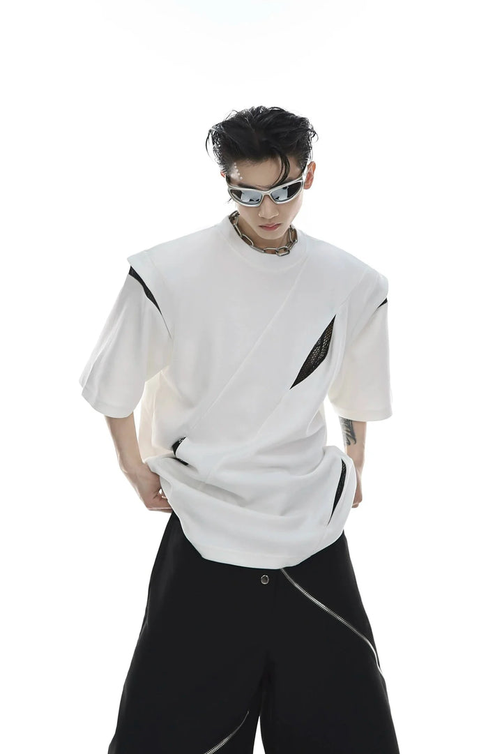 Summer Padded Shoulder Short Sleeve T - Shirt with Geometric Patchwork - ArguE CulturE