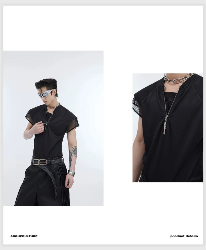 Summer Punk Mesh Design Vest T - Shirt with Metallic Zipper Accents - ArguE CulturE