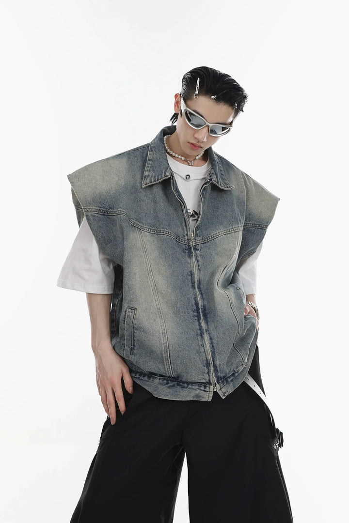 Summer Vintage Wash Denim Padded Shoulder Vest | Zippered Sleeveless Top - ArguE CulturE