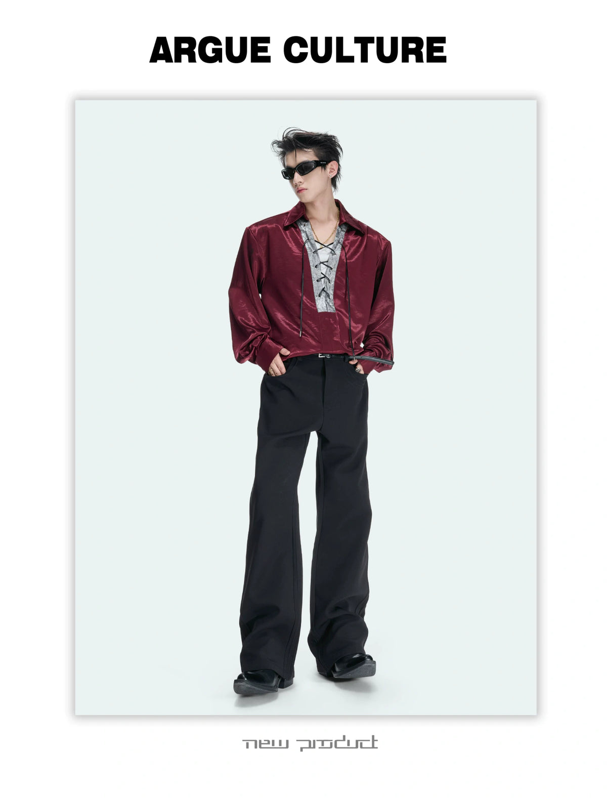 Long-Sleeve Satin Lace-Up Shirt with Contrast Panel - detail image 11