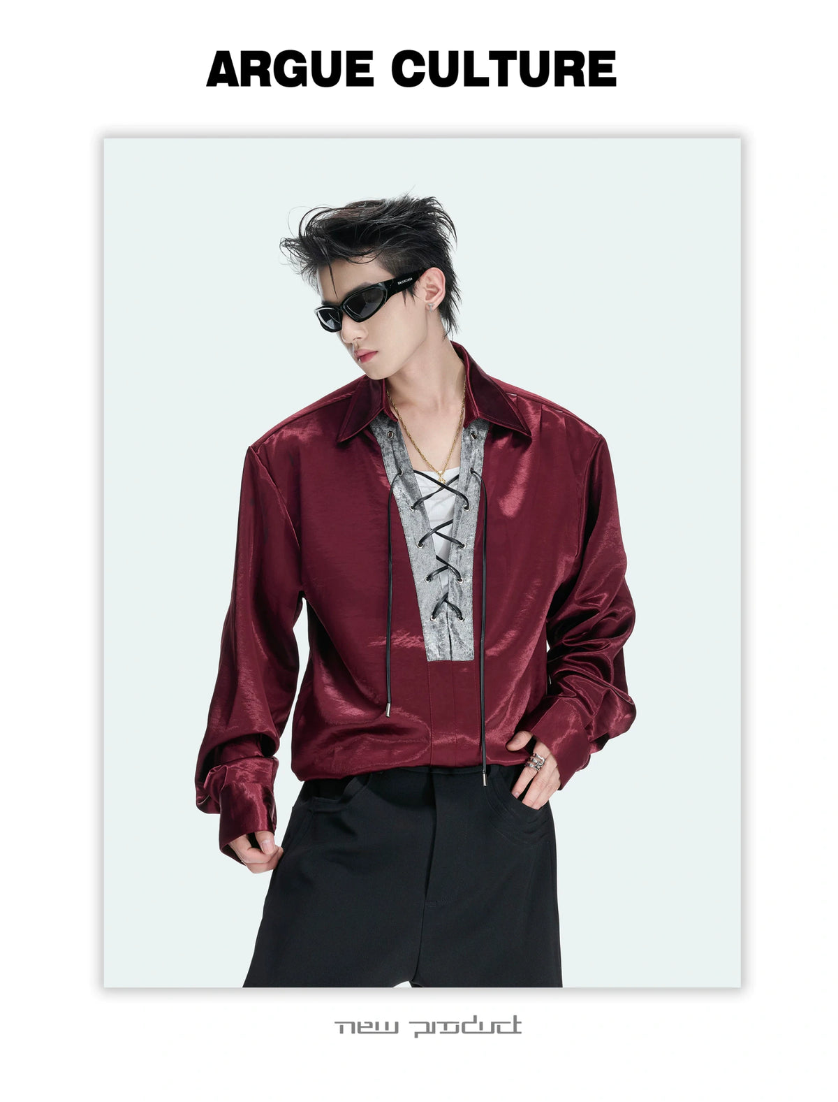Long-Sleeve Satin Lace-Up Shirt with Contrast Panel - detail image 5