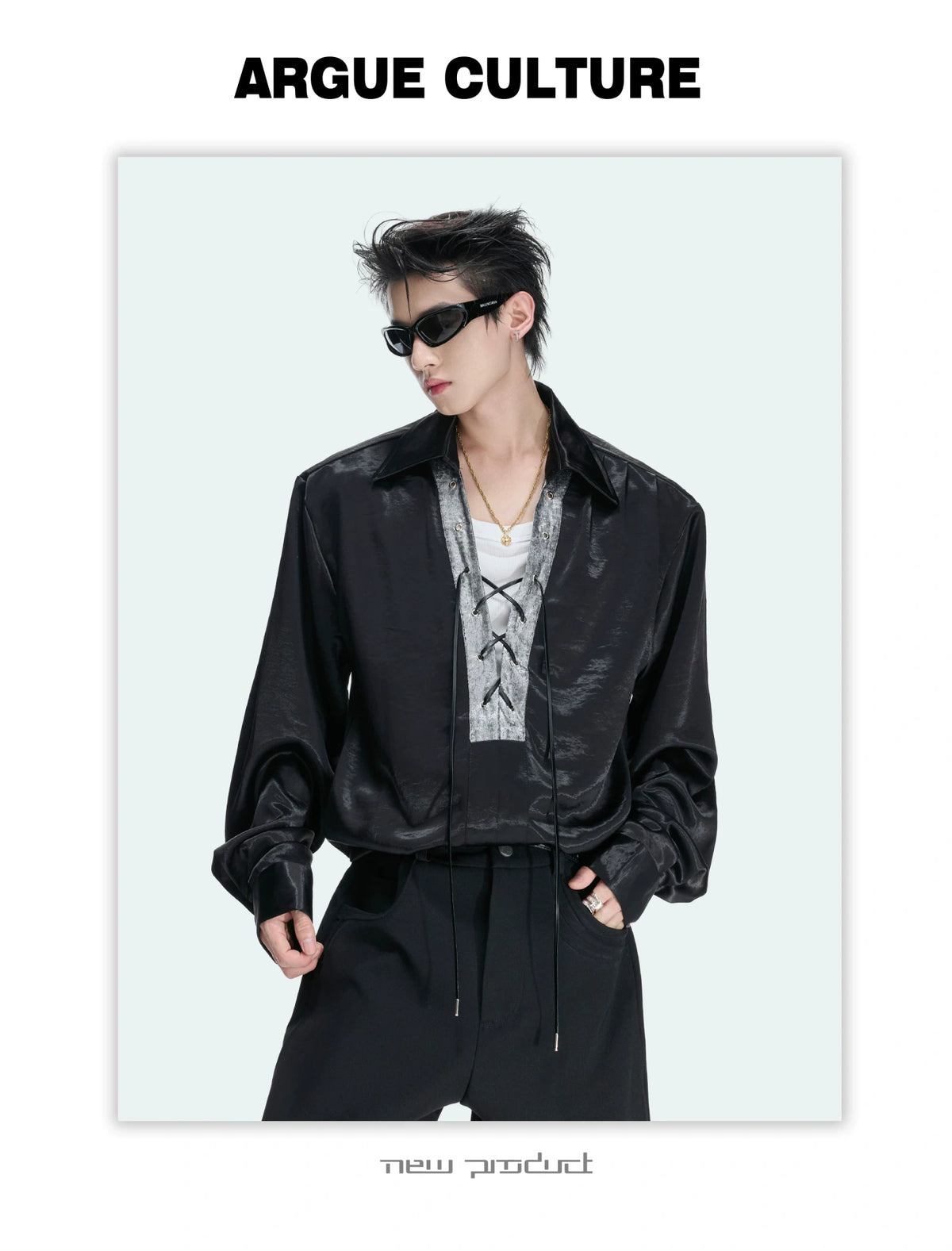Long-Sleeve Satin Lace-Up Shirt with Contrast Panel - detail image 17