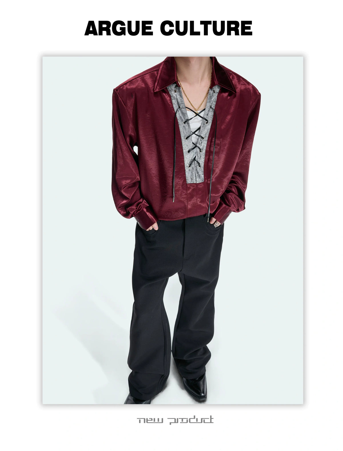 Long-Sleeve Satin Lace-Up Shirt with Contrast Panel - detail image 10