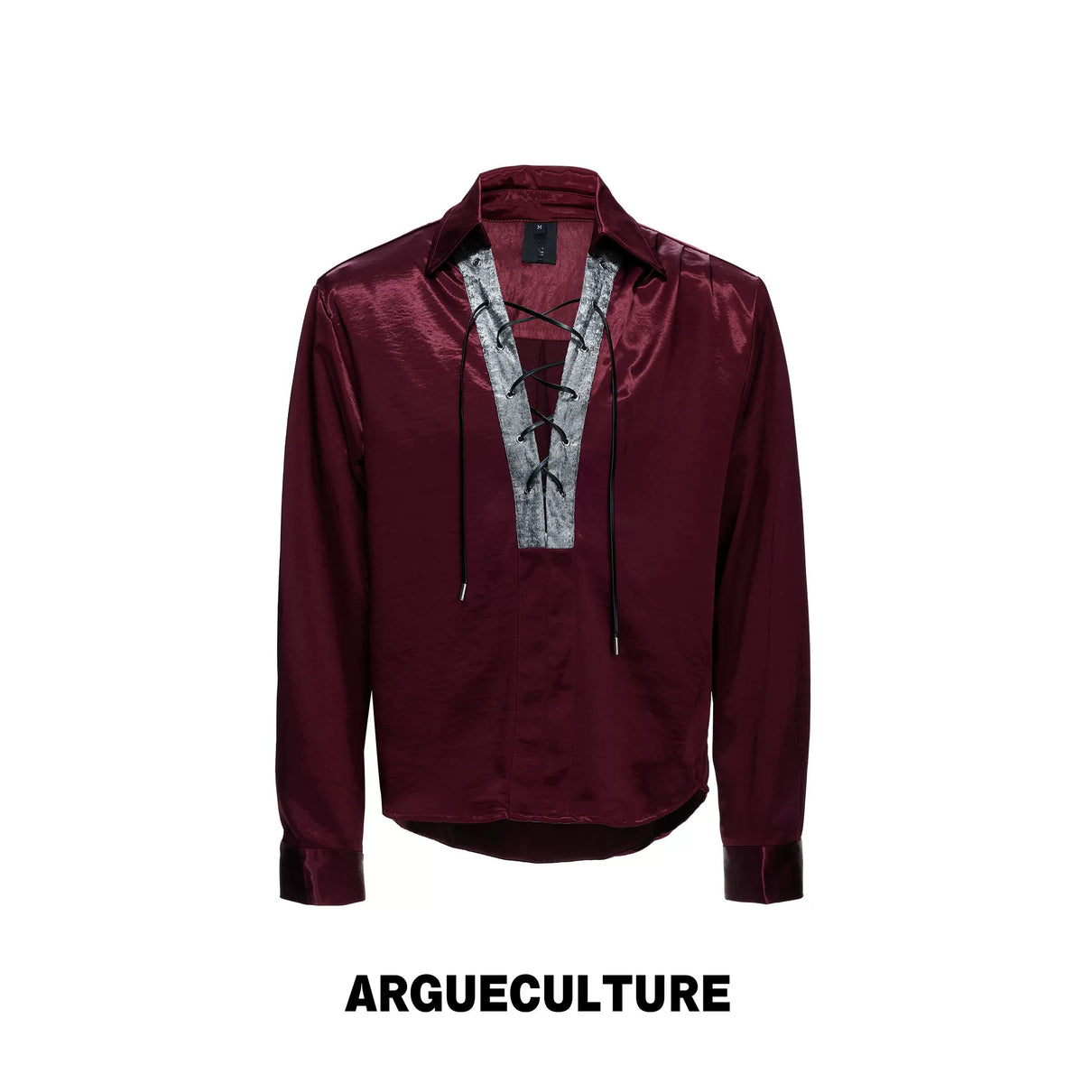 Long-Sleeve Satin Lace-Up Shirt with Contrast Panel - Red