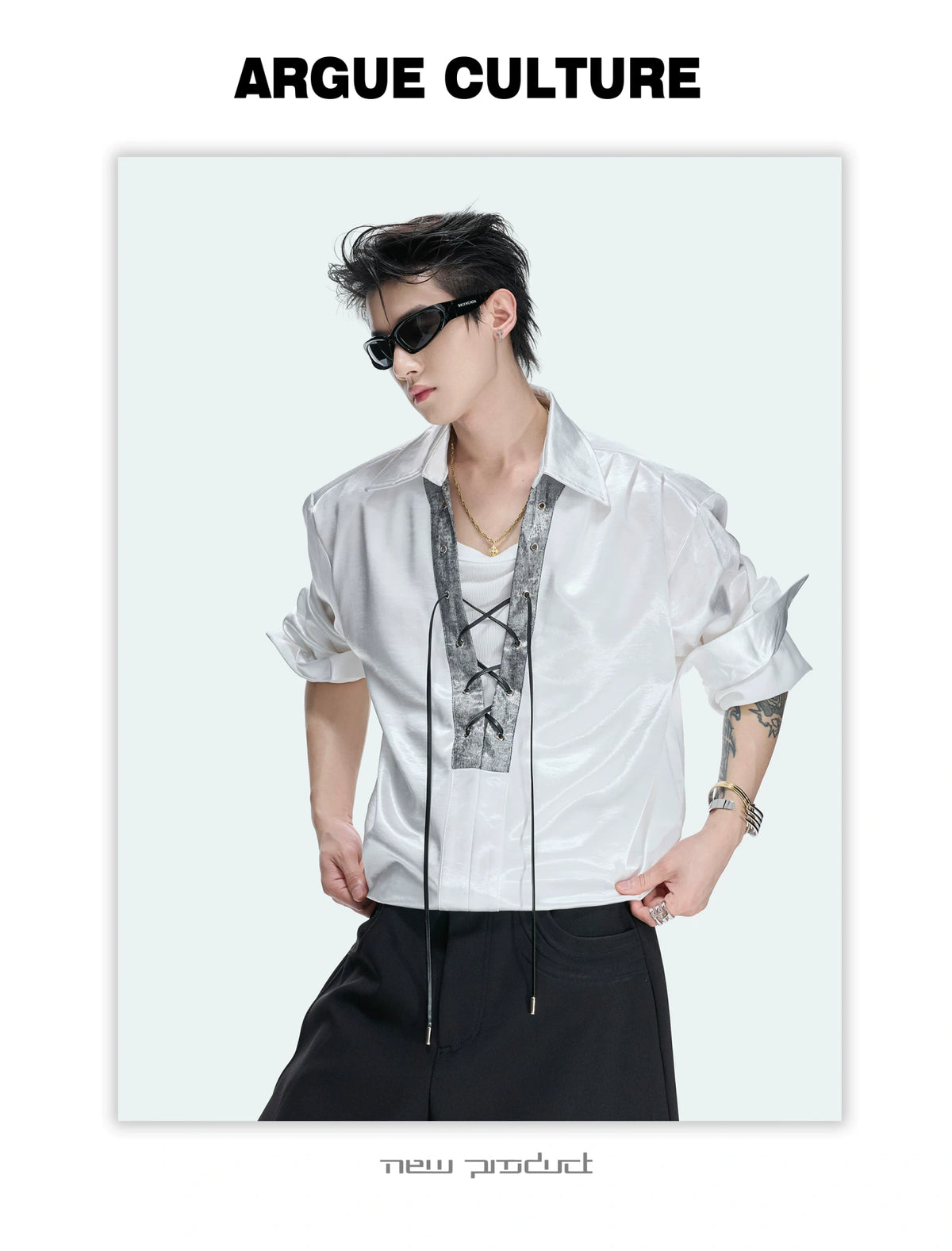 Long-Sleeve Satin Lace-Up Shirt with Contrast Panel - detail image 12
