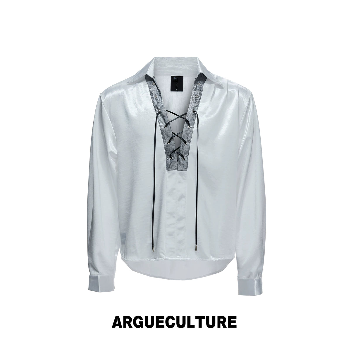 Long-Sleeve Satin Lace-Up Shirt with Contrast Panel - White