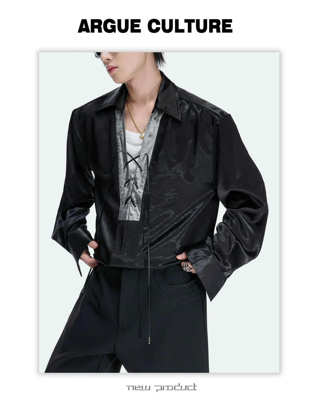 Long-Sleeve Satin Lace-Up Shirt with Contrast Panel - detail image 18
