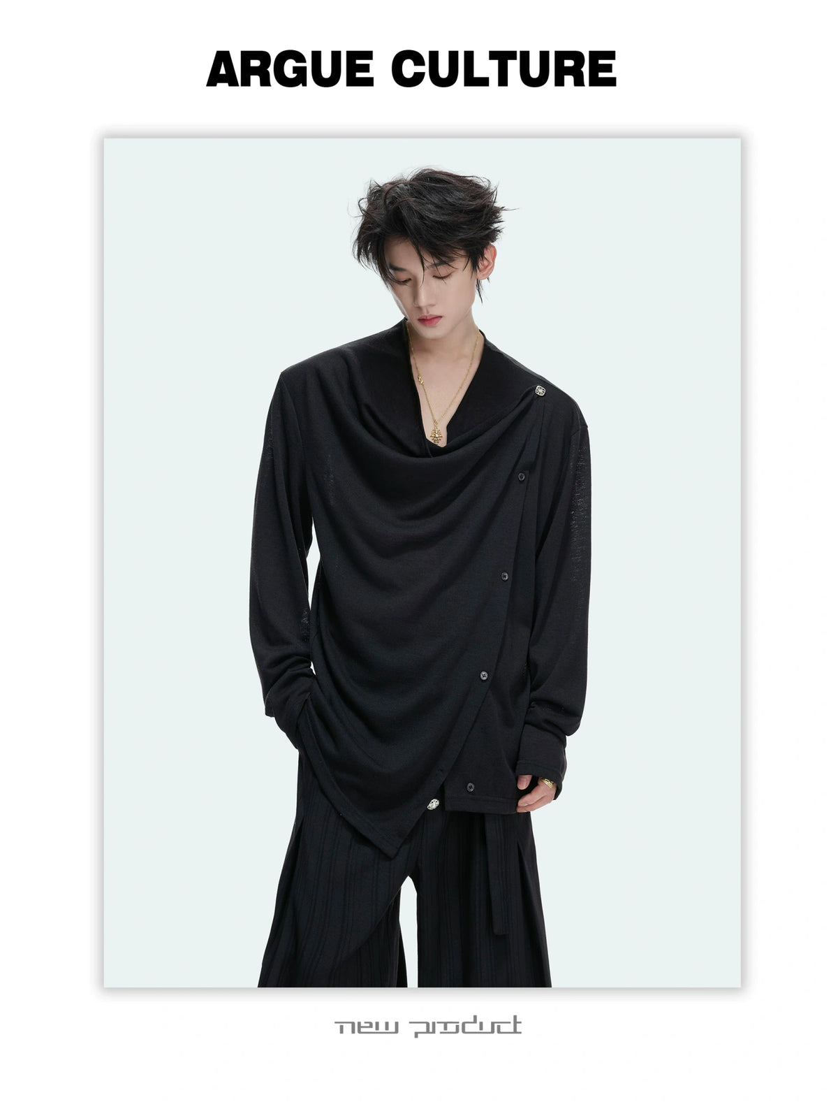 Asymmetric Cowl Neck Button Long-Sleeve Top - detail image 15