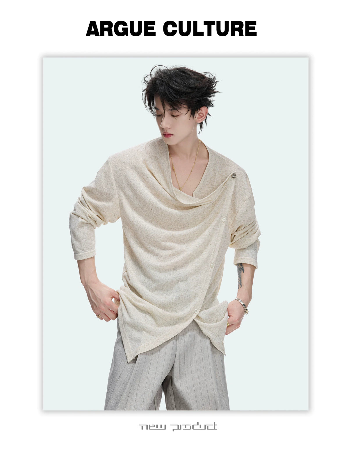 Draped Cowl Neck Asymmetric Button Top