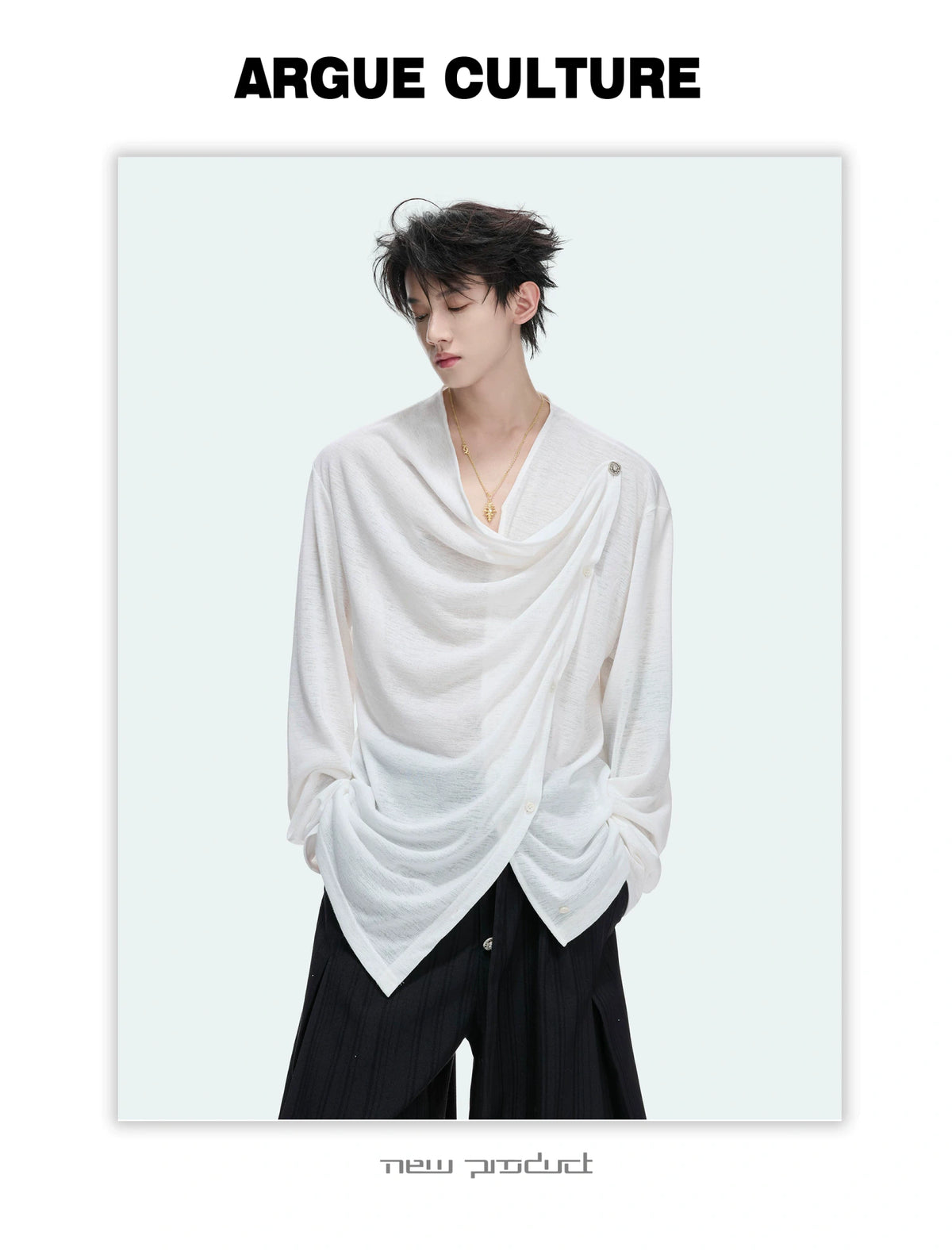 Draped Cowl Neck Asymmetric Button Top