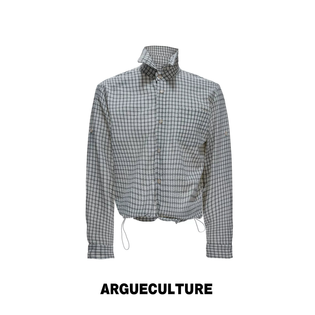 Drawstring Seersucker Check Shirt with Cinched Hem - Gray