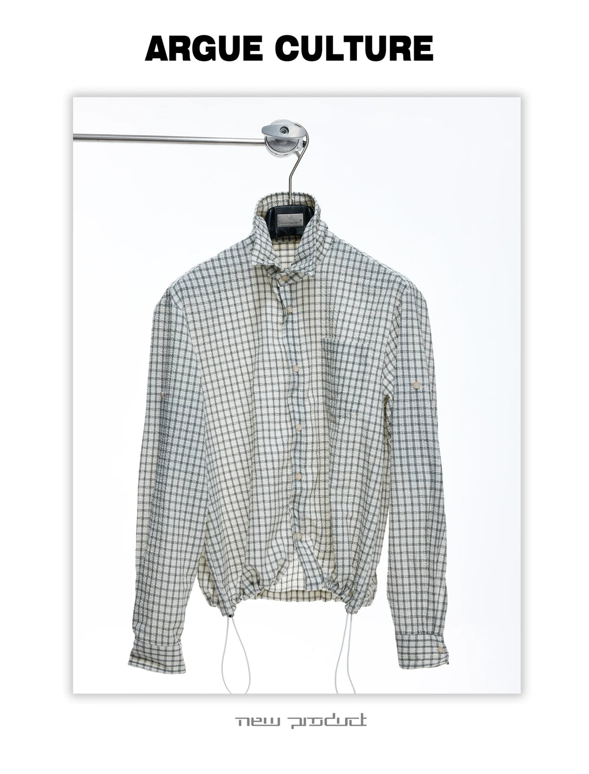 Drawstring Seersucker Check Shirt with Cinched Hem - detail image 15