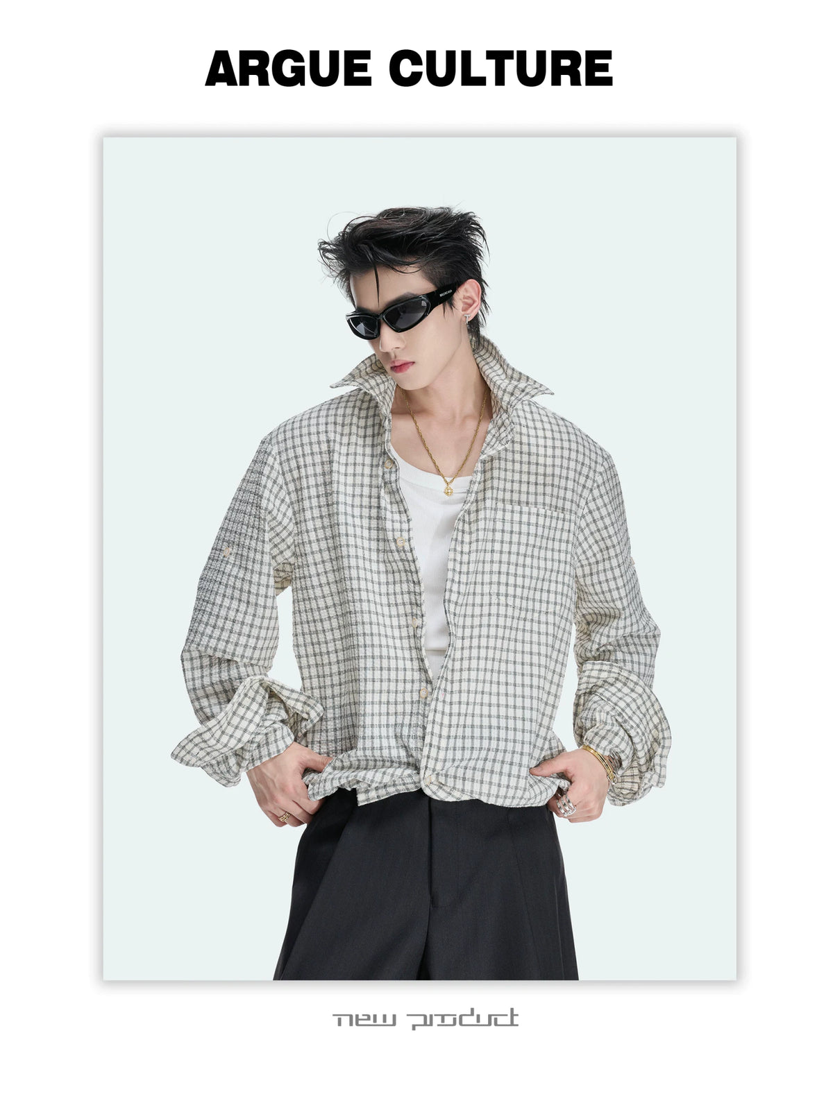 Drawstring Seersucker Check Shirt with Cinched Hem - detail image 12