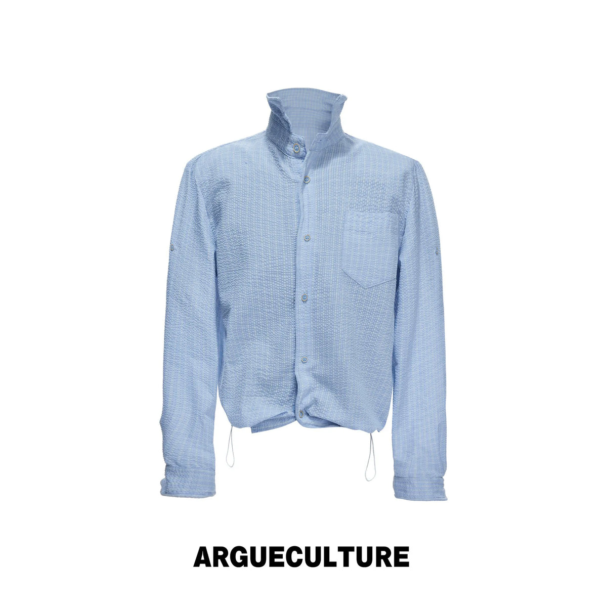Drawstring Seersucker Check Shirt with Cinched Hem - Blue