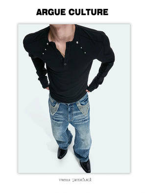 Studded Fitted Henley Long-Sleeve Tee