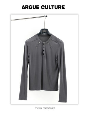 Studded Fitted Henley Long-Sleeve Tee