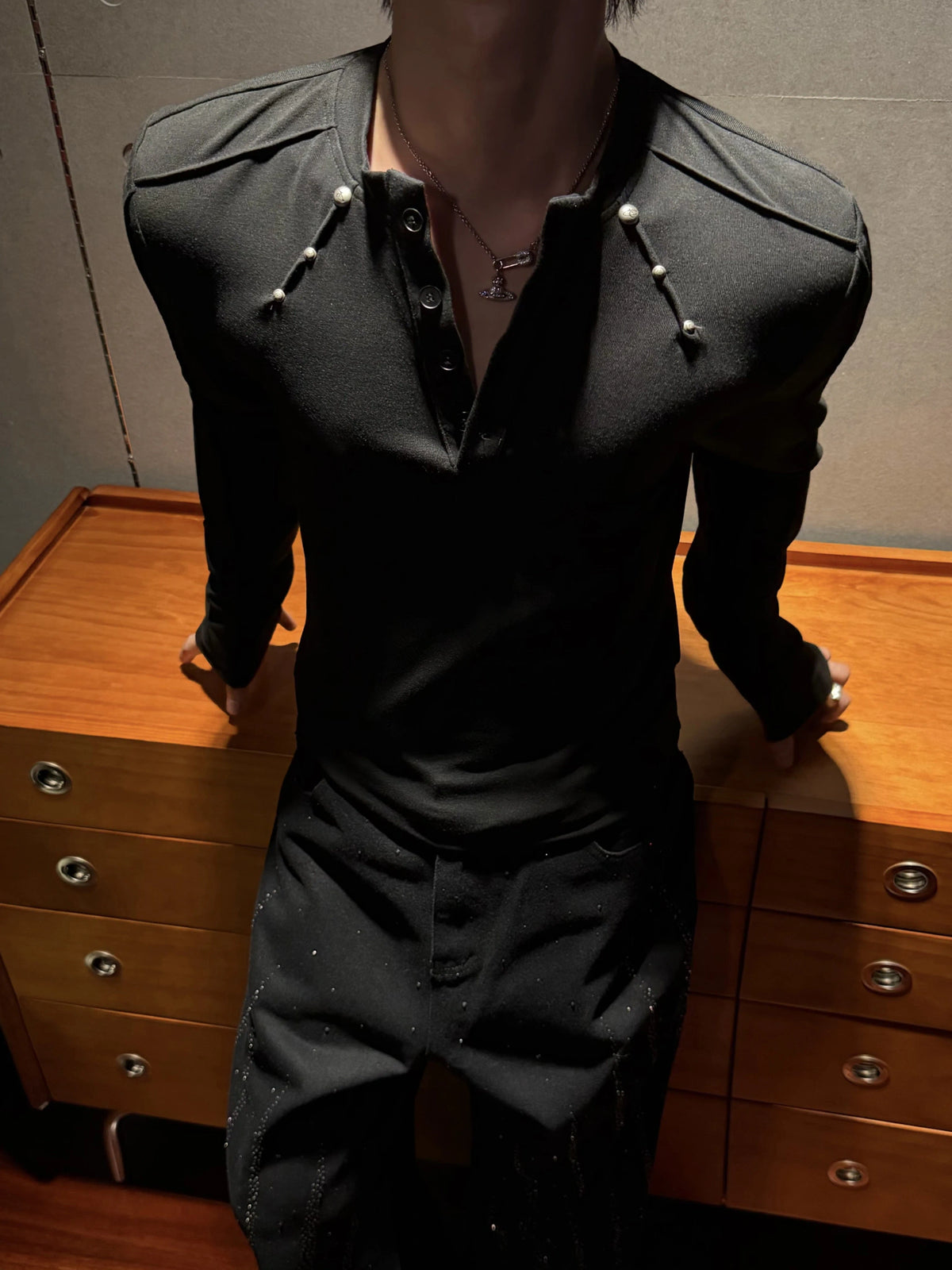 Studded Fitted Henley Long-Sleeve Tee