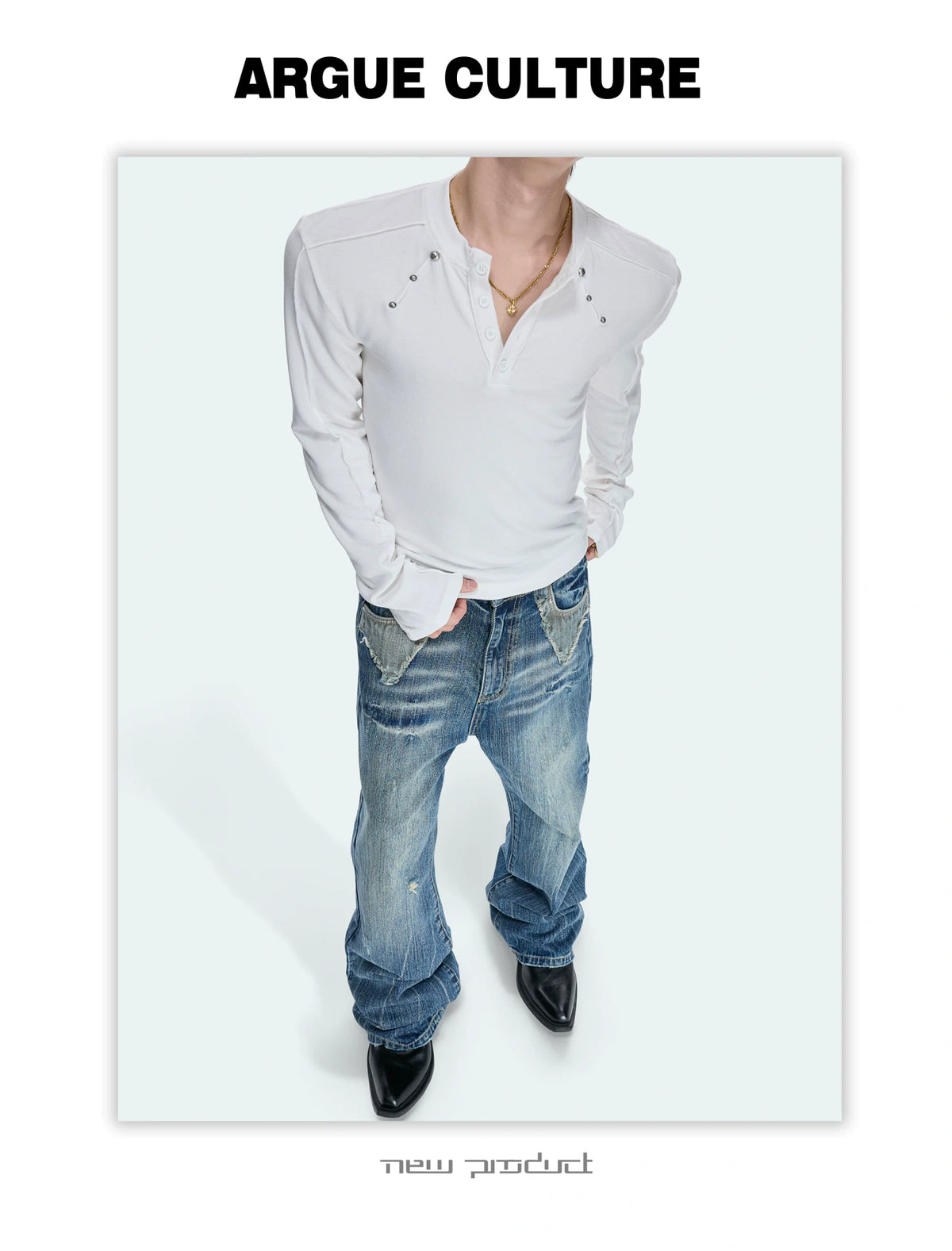 Studded Fitted Henley Long-Sleeve Tee