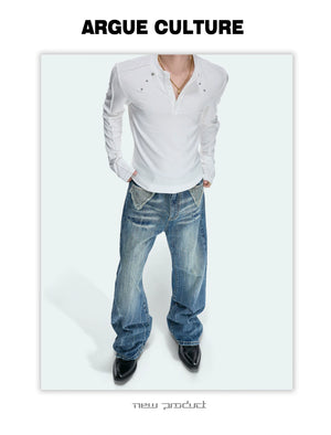 Studded Fitted Henley Long-Sleeve Tee
