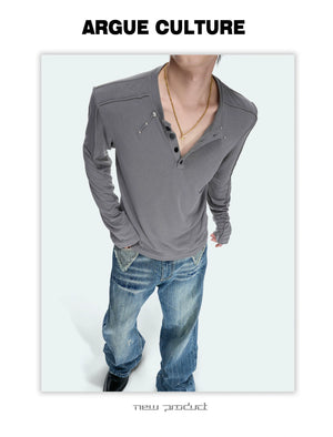 Studded Fitted Henley Long-Sleeve Tee