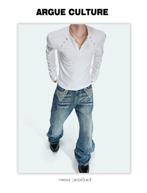 Studded Fitted Henley Long-Sleeve Tee