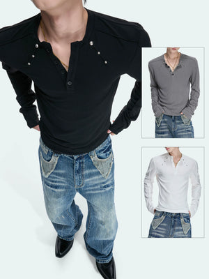 Studded Fitted Henley Long-Sleeve Tee