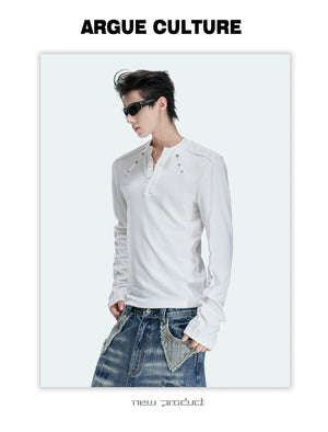 Studded Fitted Henley Long-Sleeve Tee