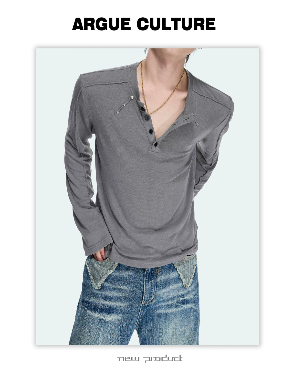 Studded Fitted Henley Long-Sleeve Tee