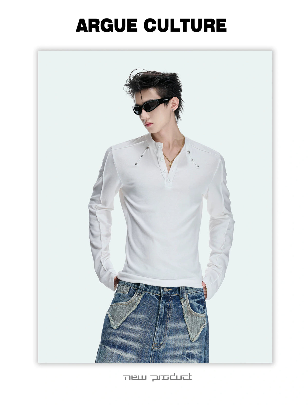 Studded Fitted Henley Long-Sleeve Tee