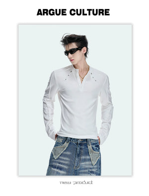 Studded Fitted Henley Long-Sleeve Tee