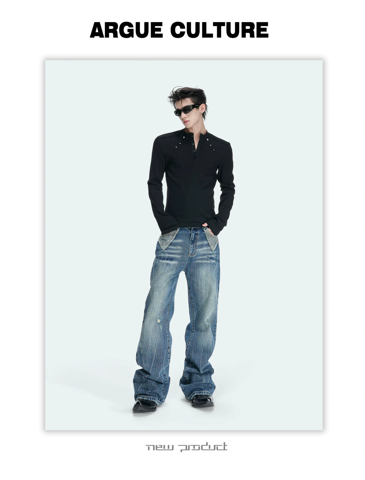 Studded Fitted Henley Long-Sleeve Tee