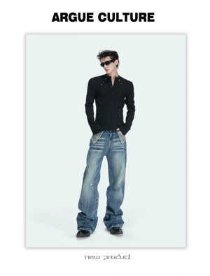 Studded Fitted Henley Long-Sleeve Tee