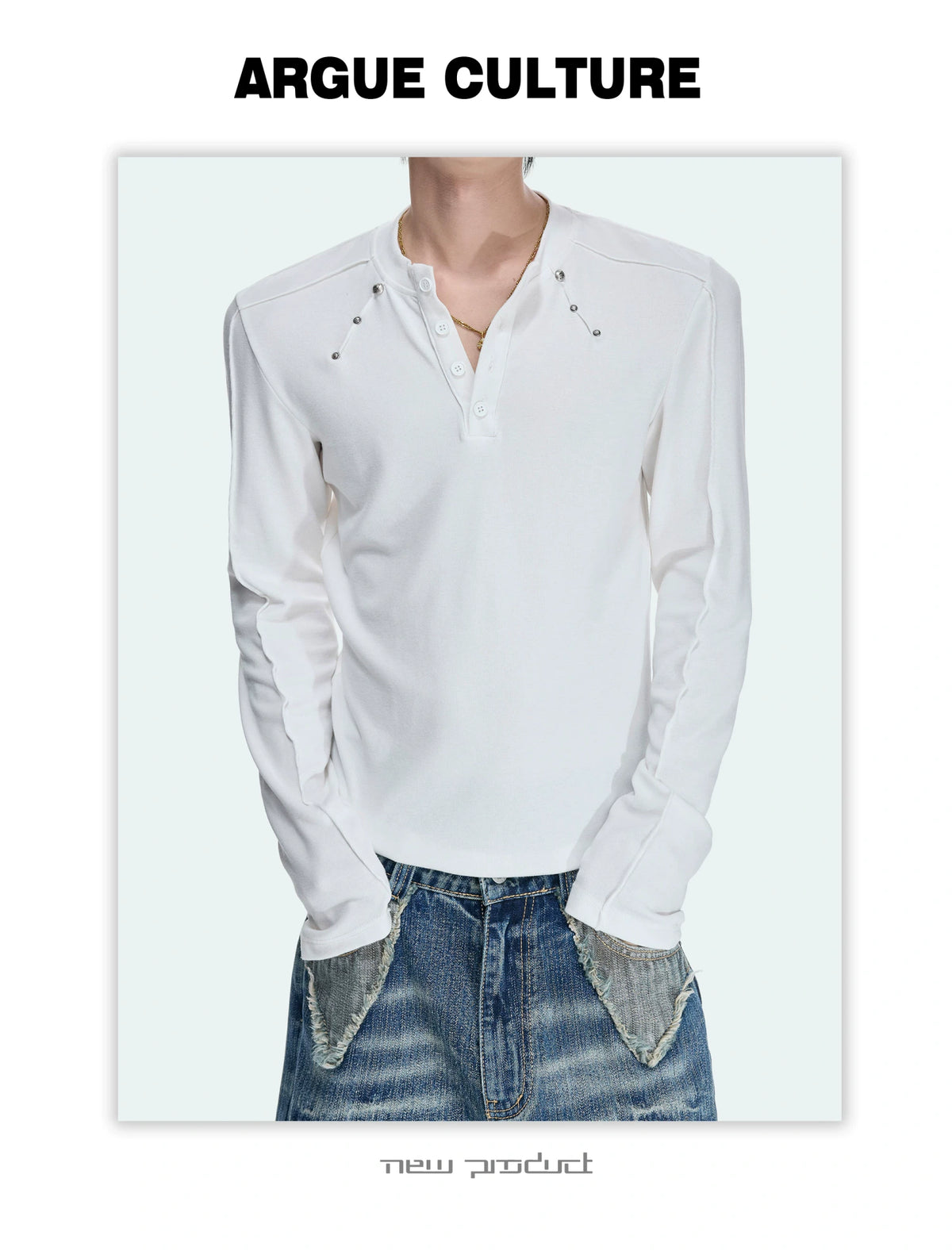 Studded Fitted Henley Long-Sleeve Tee