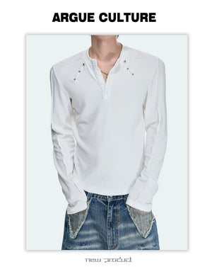 Studded Fitted Henley Long-Sleeve Tee