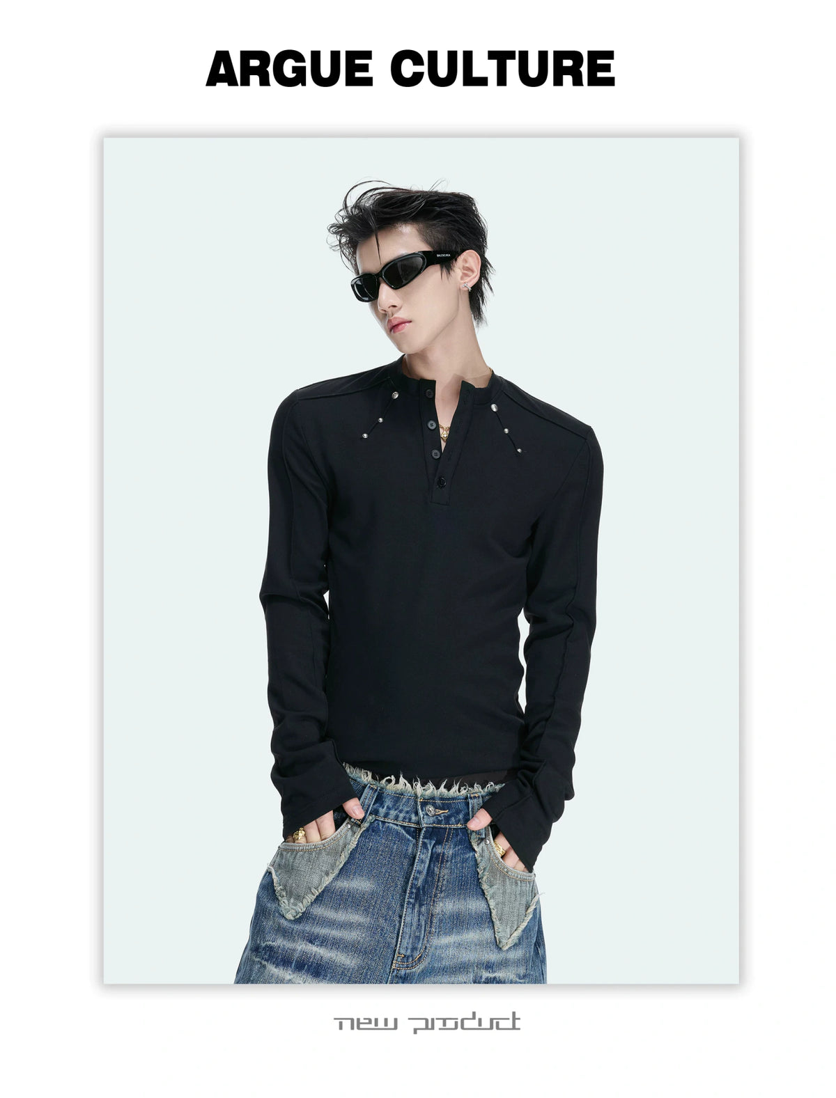 Studded Fitted Henley Long-Sleeve Tee